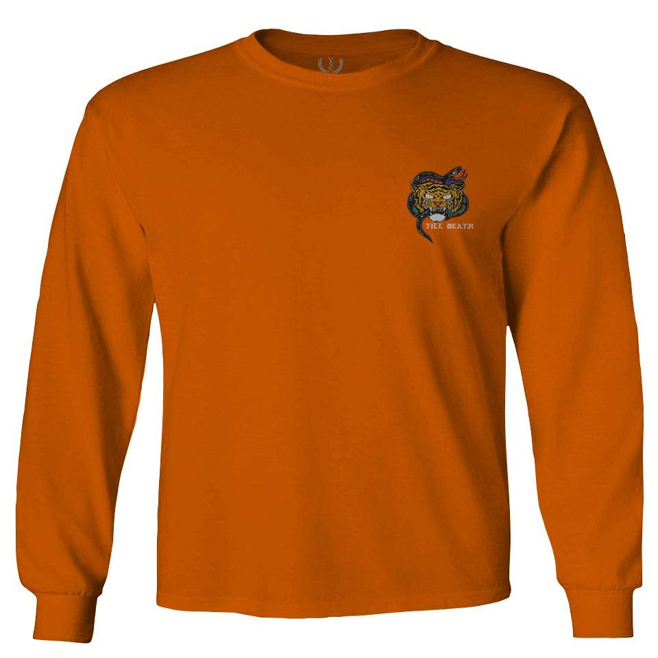 0252. Tiger Graphic Traditional Japanese Tattoo Till Death Society Men's Long Sleeve t Shirt (Orange 2X Large)