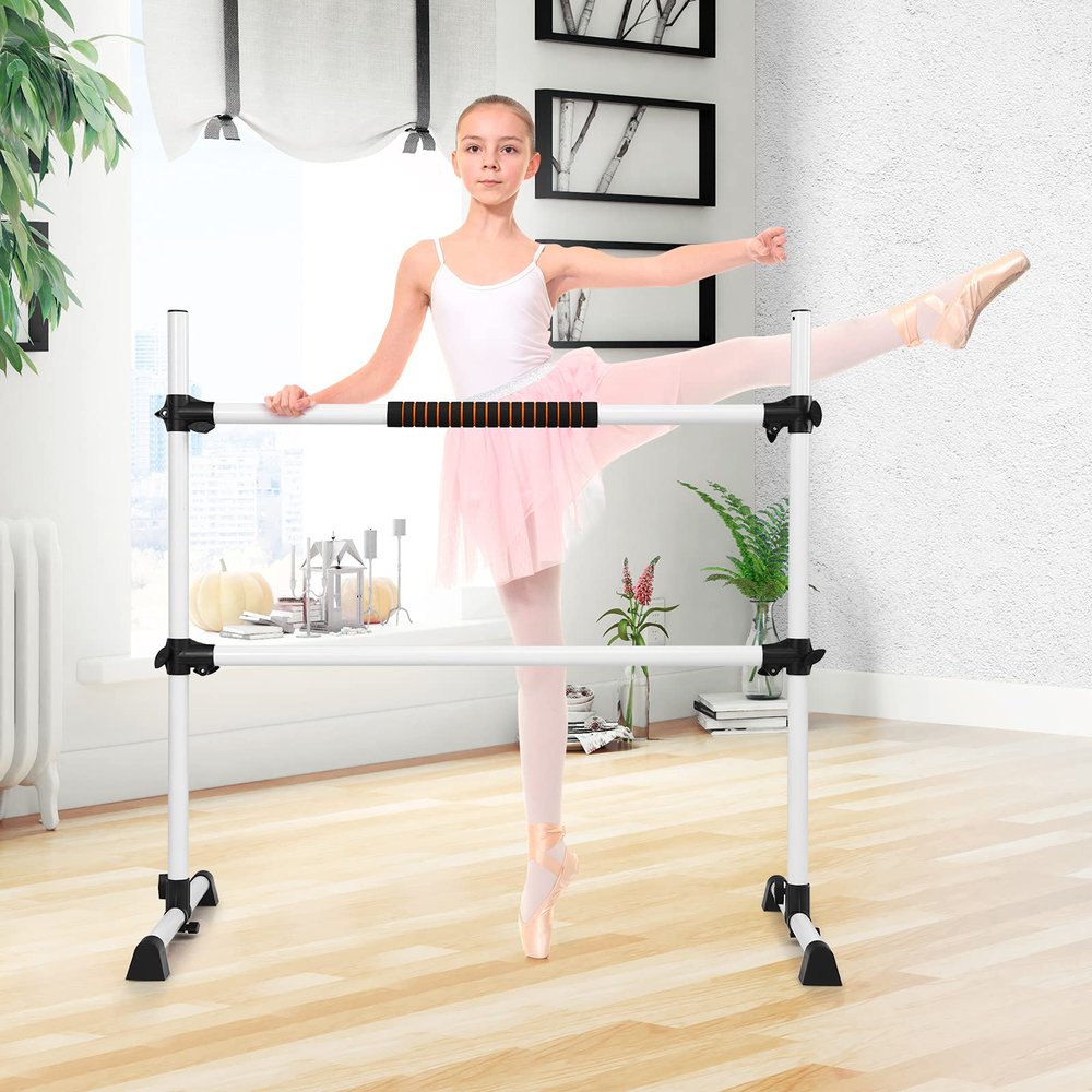 LDAILY Ballet Barre Portable for Home or Studio, Height Adjustable Ballet Bar for Stretch, Pilates, Dance or Active Workouts, Double Dance Bar for Kids and Adults (Silver)