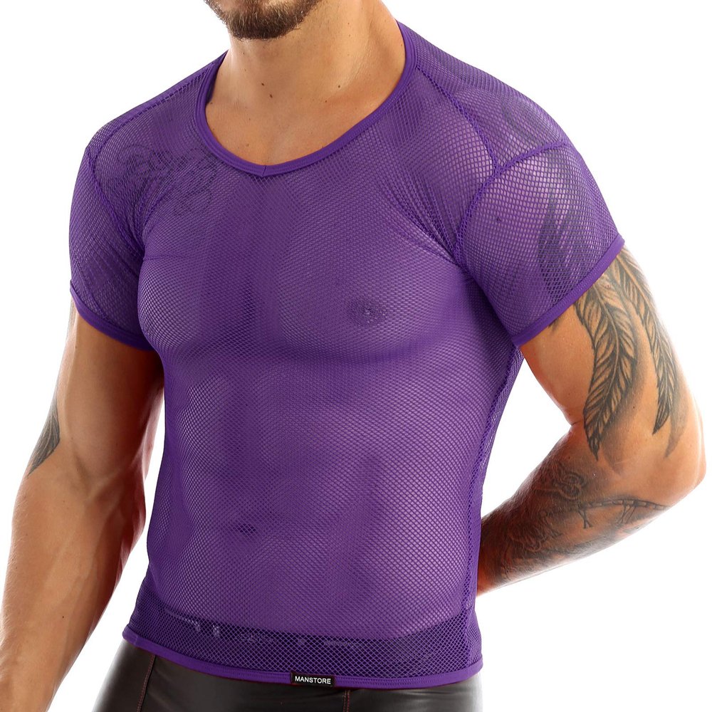 Nikiikoo Men's See Through Fishnet Mesh Short Sleeve T-Shirts Gym Training Workout Tank Tops Clubwear Purple Large