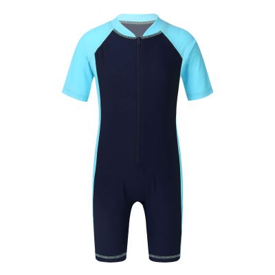 Freebily Kids Boys One Piece Rash Guard Wetsuit Short Sleeves Zippered Surfing Jumpsuit Navy Blue&Sky Blue 5-6