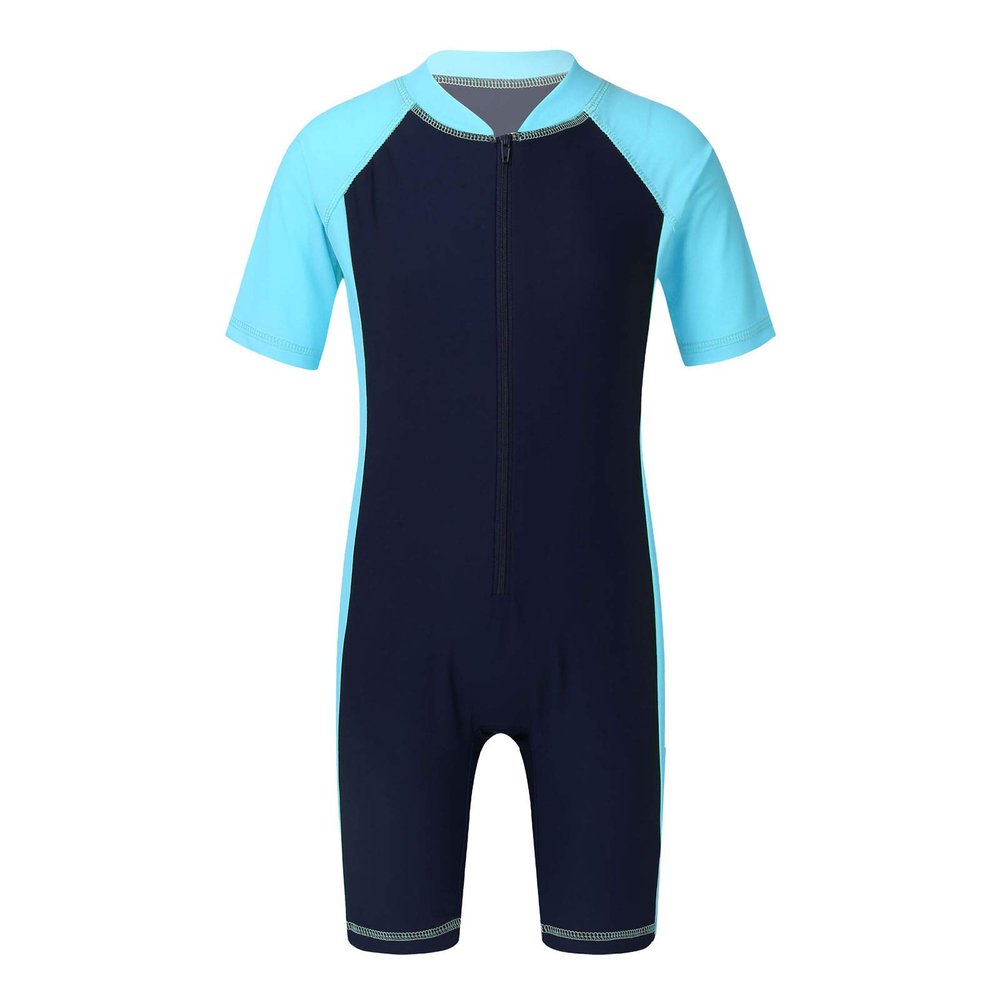 Freebily Kids Boys One Piece Rash Guard Wetsuit Short Sleeves Zippered Surfing Jumpsuit Navy Blue&Sky Blue 5-6
