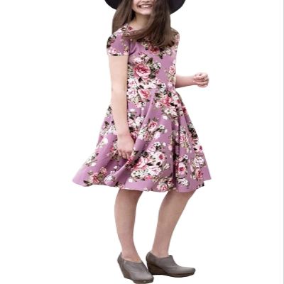 21KIDS Girls Floral Midi Dress Kids Casual Short Sleeve Short Dress with Pockets, Purple, 6Years