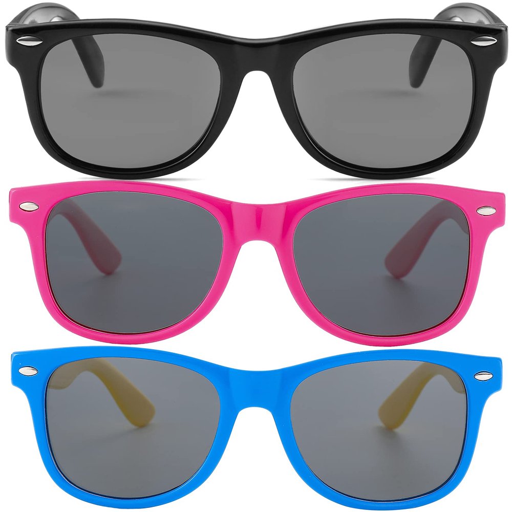 Kursan Kids Polarized Sunglasses for Boys Girls TPEE Rubber Flexible Frame Shades Age 3-10 (Bright Black + Rose Red/Pink + Blue/Yellow)