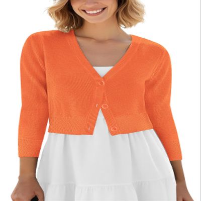 Urban CoCo Women's Cropped Cardigan V-Neck Button Down Knitted Sweater 3/4 Sleeve (Orange, m)