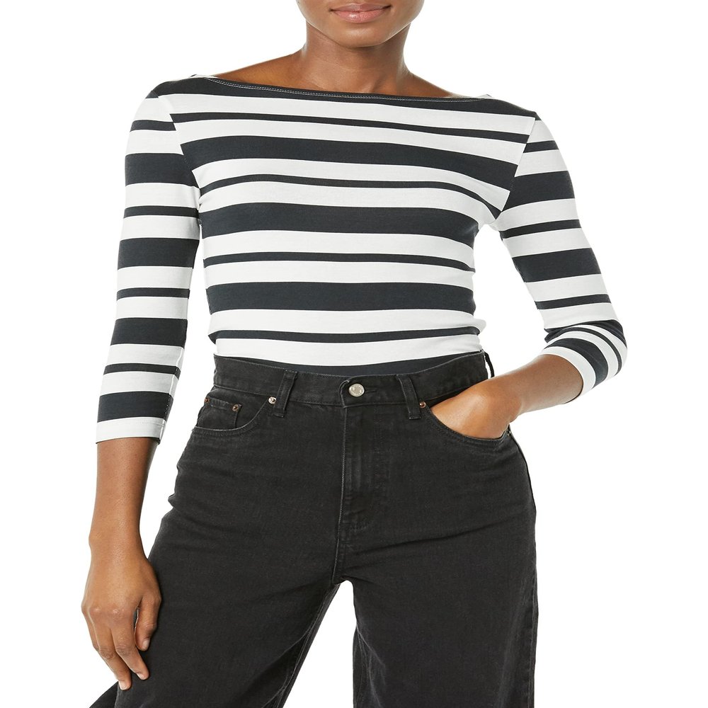 Amazon Essentials Women's Slim-Fit 3/4 Sleeve Boat Neck T-Shirt, Black White Placed Stripe, Small