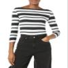 Amazon Essentials Women's Slim-Fit 3/4 Sleeve Boat Neck T-Shirt, Black White Placed Stripe, Small view 1