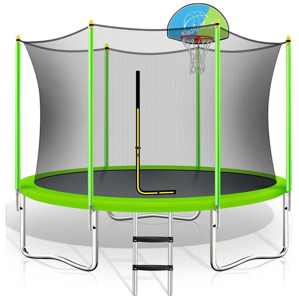 Merax 10FT Outdoor Trampoline with Basketball Hoop,Safety Enclosure and Ladder,Outdoor Recreational Trampoline for Kids Green