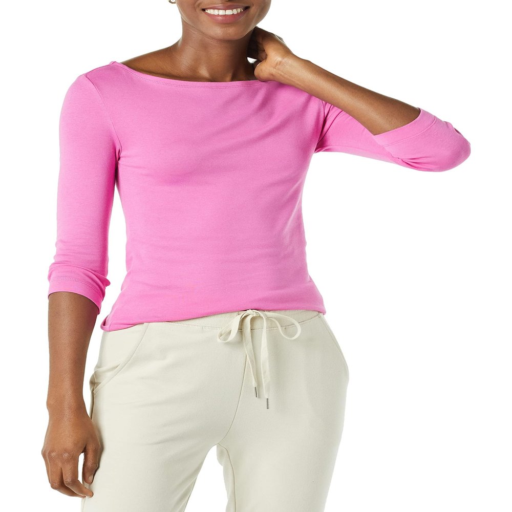 Amazon Essentials Women's Slim-Fit 3/4 Sleeve Boat Neck T-Shirt, Bright Pink, XX-Large