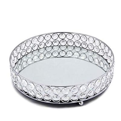 Anncus Plata redondo espejo decorativo maquillaje tocador Metal servir bandeja organizador para cosmeticos joyeria - (Color: Silver)
