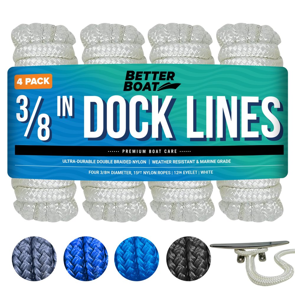 Dock Lines for Boats 3/8" x 15ft, 4 Pack Double Braided Nylon Boat Rope with 12" Loop, Marine Grade Mooring Line for Docking, White - Better Boat
