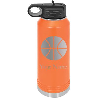 Add Name Basketball Personalized Custom Engraved Double Wall Vacuum Hot/Cold Drinks Insulated Stainless 32-Ounce Steel Boys/Girls Sports Team Water Bottle with Flip Top Lid, Straw