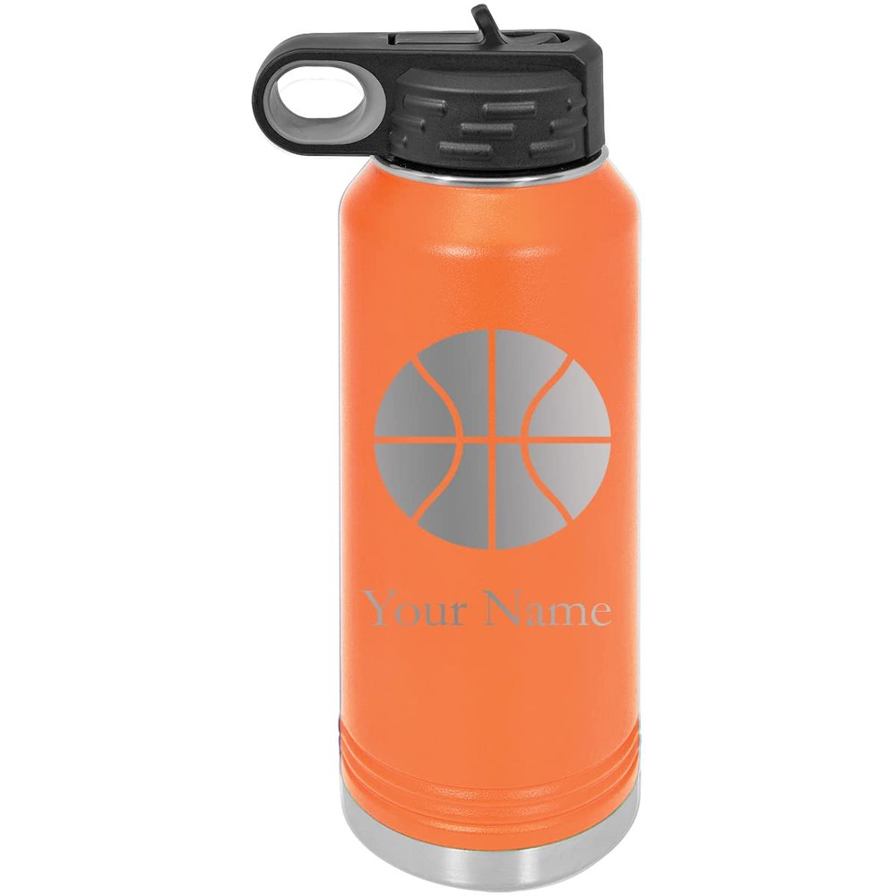 Add Name Basketball Personalized Custom Engraved Double Wall Vacuum Hot/Cold Drinks Insulated Stainless 32-Ounce Steel Boys/Girls Sports Team Water Bottle with Flip Top Lid, Straw