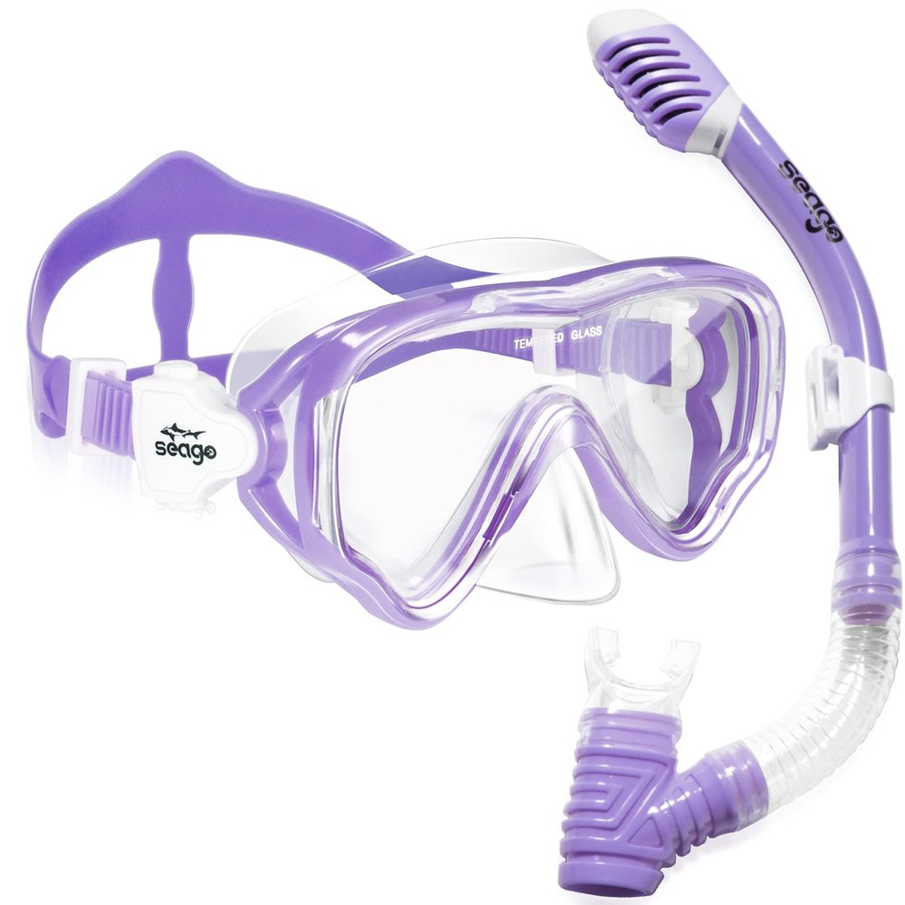 Seago Kids Snorkel Set Dry Top Snorkel Mask Snorkeling Gear for Kids Boys Girls Youth, No Leak Comfy Mouthpiece Anti-Fog 180 Panoramic View Scuba Diving Swim Pool Equipment Snorkeling Kit