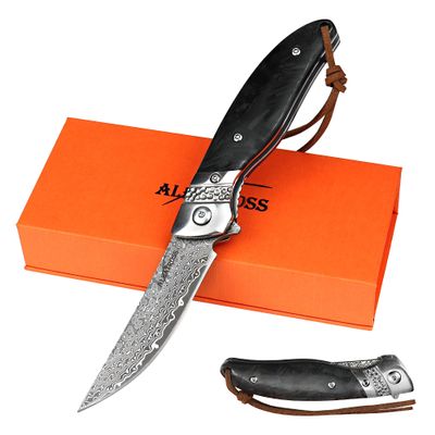 ALBATROSS Premium Damascus Folding Knife - EDC Pocket Knife with VG10 Damascus Steel Blade, Quick Flip Assisted Opening, Luminous Carbon Fiber Handle & Liner Lock - Great Gift for Outdoorsmen - HGDK028-EG