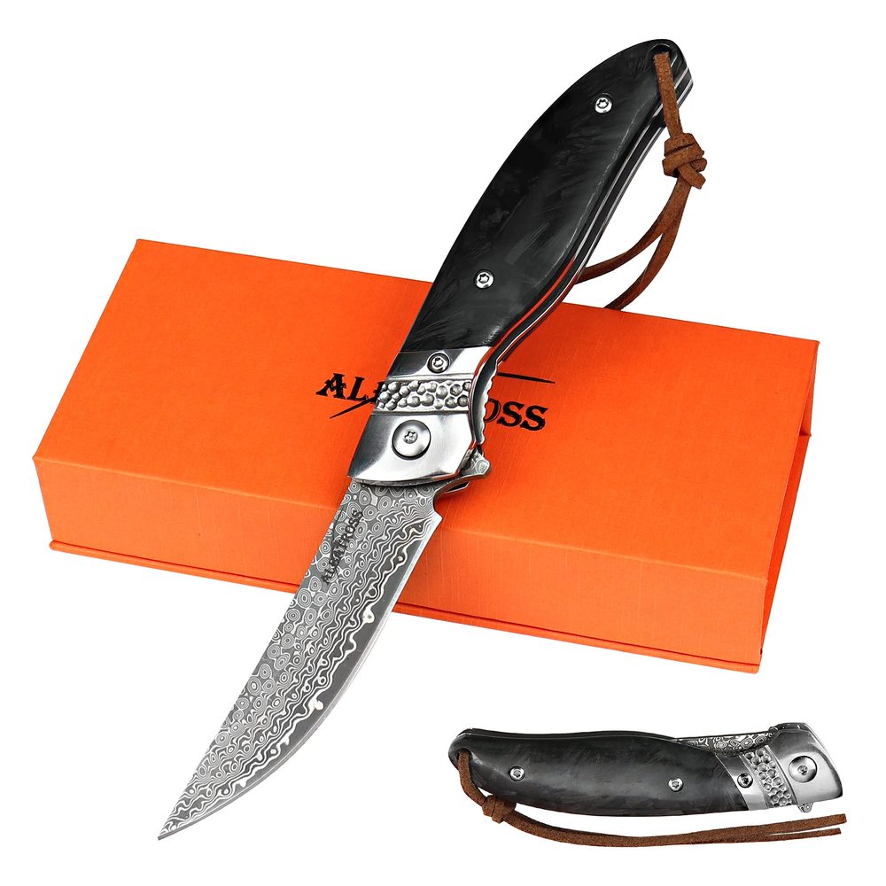 ALBATROSS Premium Damascus Folding Knife - EDC Pocket Knife with VG10 Damascus Steel Blade, Quick Flip Assisted Opening, Luminous Carbon Fiber Handle & Liner Lock - Great Gift for Outdoorsmen - HGDK028-EG