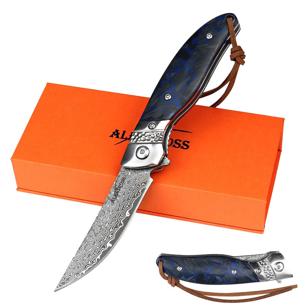 ALBATROSS Premium Damascus Folding Pocket Knife - EDC with Blue Fluorescent Carbon Handle, Ball Bearing Assisted Opening, Liner Lock for Camping, Hunting - HGDK028-BE