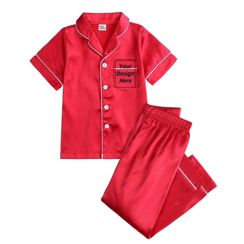 Kids Tales 2Pcs Custom Personalized Satin Pajamas Set Child Short Sleeve Button-Down Silk Loungewear Add Your Own Text Design PJS