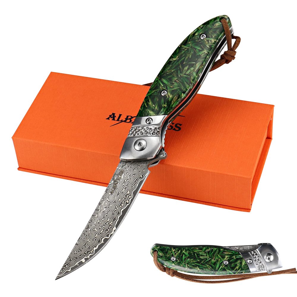 ALBATROSS Damascus Folding Pocket Knife - Premium EDC with VG10 Steel Blade, Green Synthetic Handle, Ball Bearing Assisted Opening, Liner Lock for Outdoor, Hunting, Camping - Great Gift for Men - HGDK028-DG