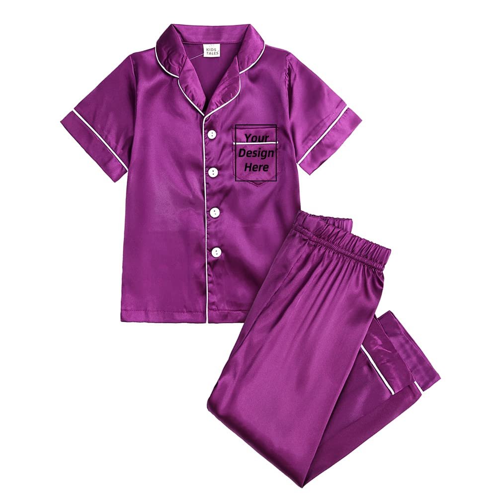 Kids Tales 2Pcs Custom Personalized Satin Pajamas Set Child Short Sleeve Button-Down Silk Loungewear Add Your Own Text Design PJS