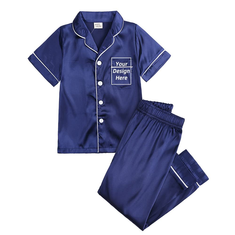 Kids Tales 2Pcs Custom Personalized Satin Pajamas Set Child Short Sleeve Button-Down Silk Loungewear Add Your Own Text Design PJS