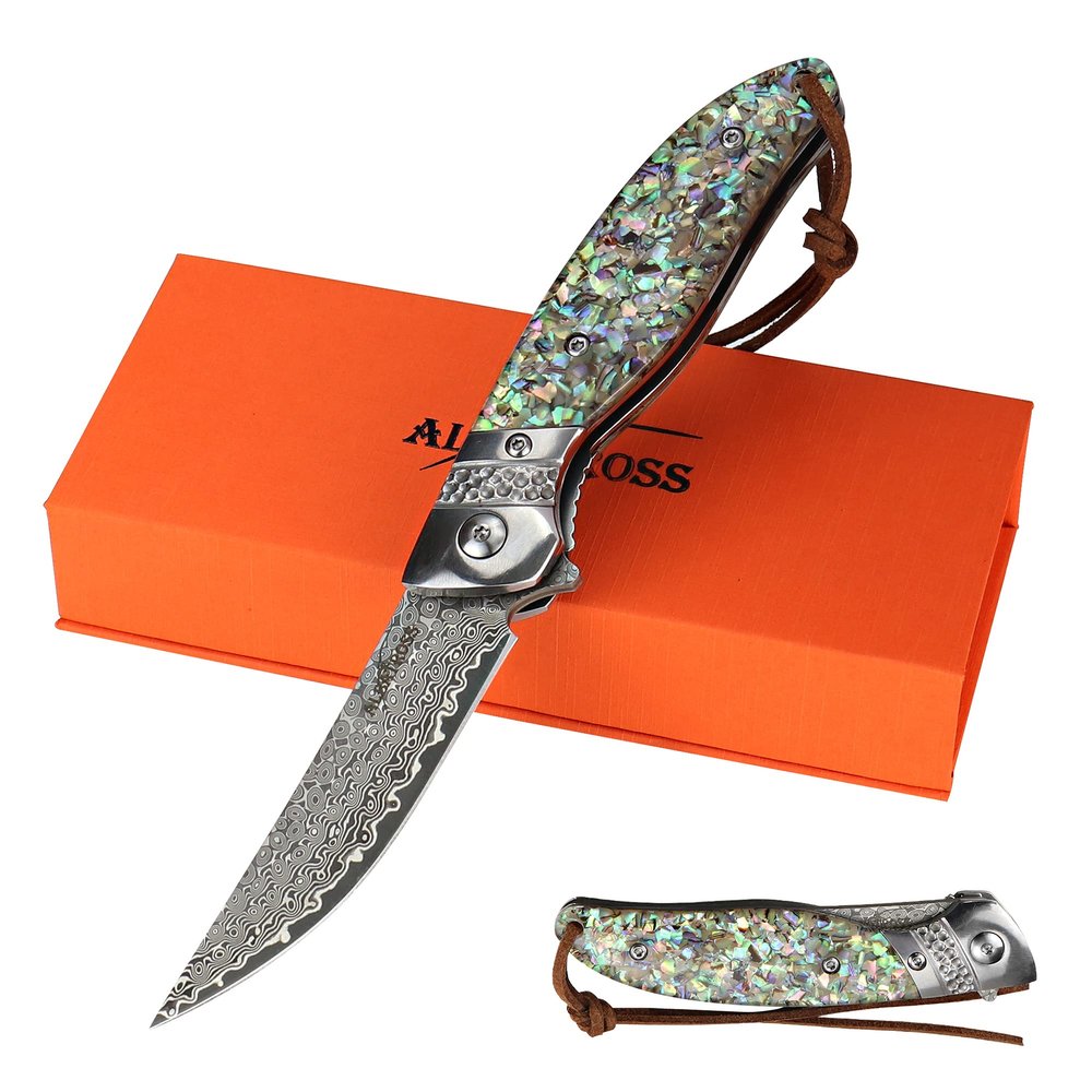 ALBATROSS Premium Damascus Pocket Knife - EDC Folding Knife with Abalone Shell Handle, Ball Bearing Opening, Liner Lock System - Everyday Carry for Outdoor, Hunting, Collection - HGDK028-AS