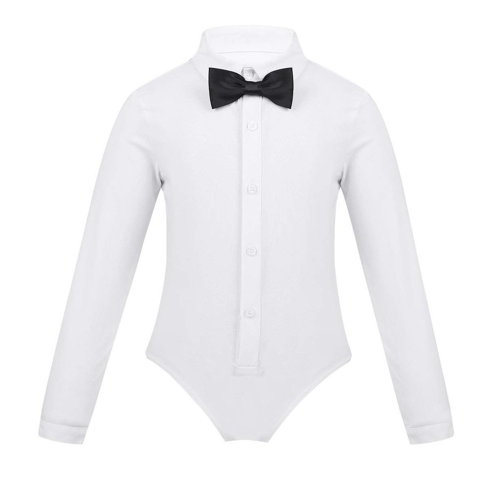 Yeeye Kids Boys Ballroom Salsa Latin Dance Shirt Top Romper Leotard with Bowtie Modern Dancewear White 10