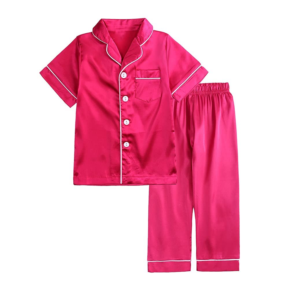 MYGBCPJS 2 Piece Kids Satin Pajamas Set Button-Down Sleepwear Loungewear PJS Shorts Sleeve Tops + Pants Rose Red