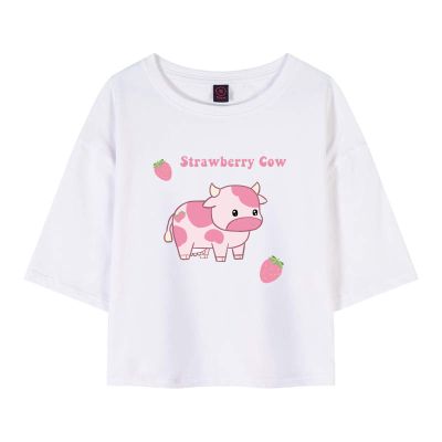 KEEVICI Girls' Cute Strawberry Cow Print T Shirts Short Sleeve Crop Cotton Tops (White,XL,)