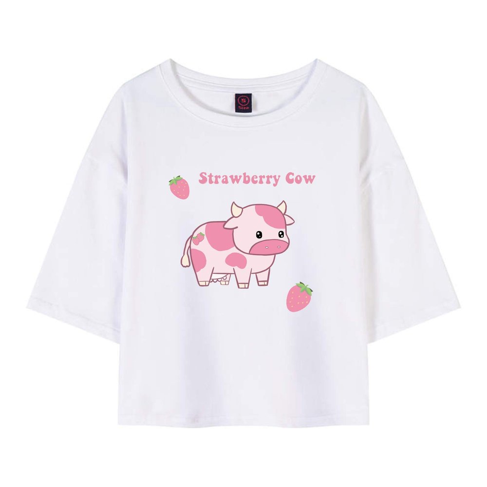 KEEVICI Girls' Cute Strawberry Cow Print T Shirts Short Sleeve Crop Cotton Tops (White,XL,)