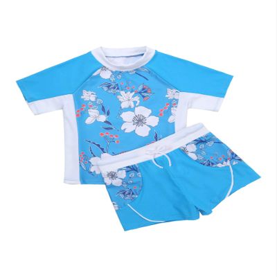 Hansber Kids Girls 2 Piece Rashguard Tankini Swimsuit Floral Short Sleeve Shirt with Boyshorts Bathing Suit Blue 6