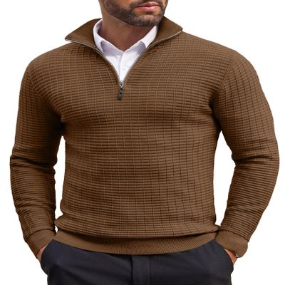 COOFANDY Men's Quarter Zip Sweaters Slim Fit Lightweight Cotton Knitted Casual Mock Neck Pullover Sweaters Brown