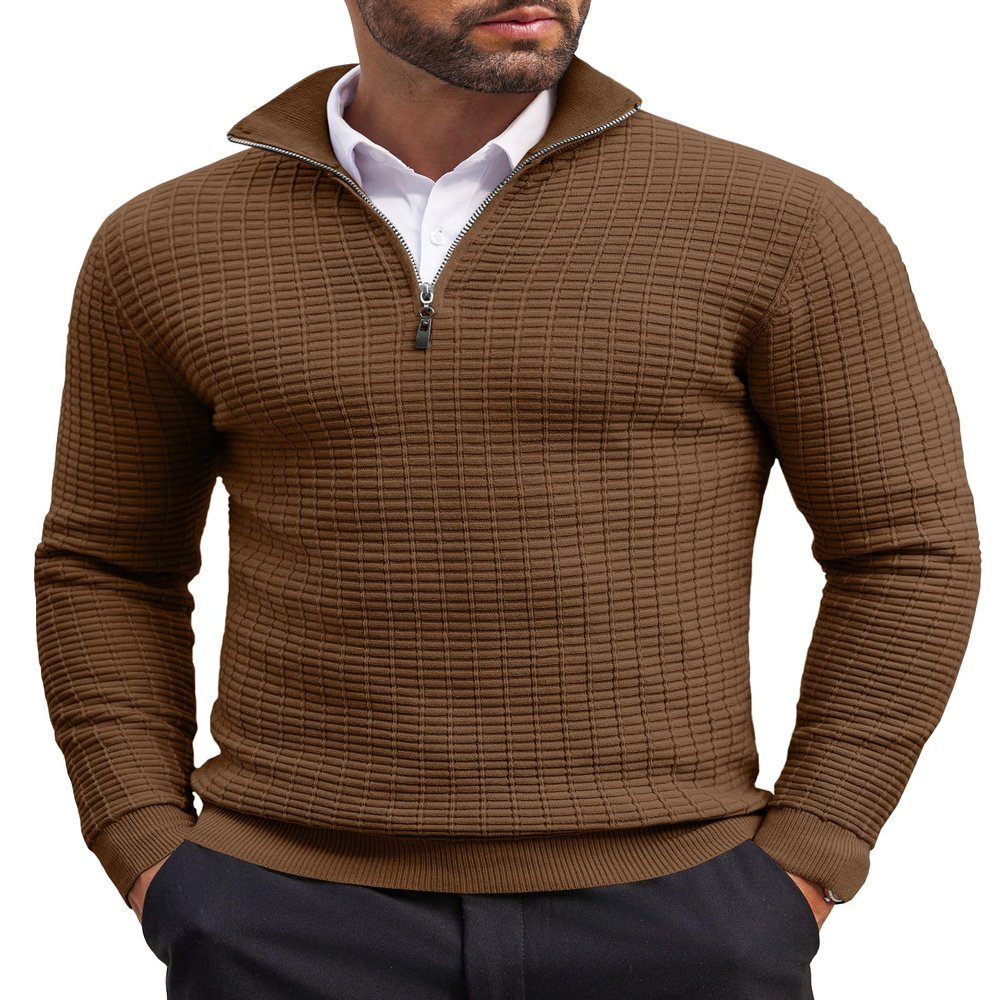 COOFANDY Men's Quarter Zip Sweaters Slim Fit Lightweight Cotton Knitted Casual Mock Neck Pullover Sweaters Brown