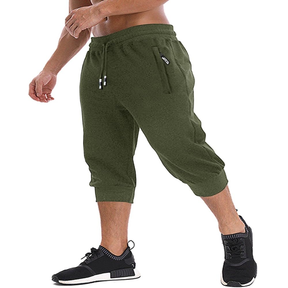 MAGNIVIT Capris for Men Athletic Below The Knee Shorts with Zipper Pockets 3/4 Pants Jogger Sweatpant Capris for Men Army Green