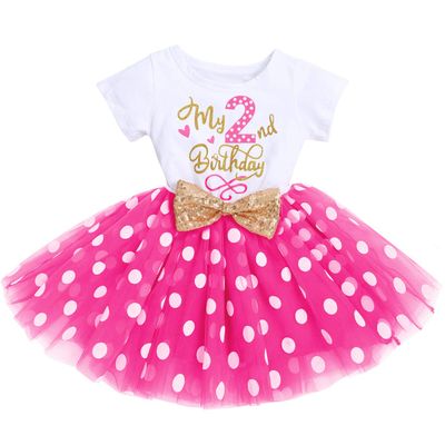 Baby Girls My 2nd Birthday Outfits Polka Dot Cake Smash Dress Two Years Old Short Sleeve Romper Shirt Ruffle Shiny Sequin Bow Tulle Tutu Skirt Letter Print Bodysuit 2PCS Clothes Set Hot Pink 2 2