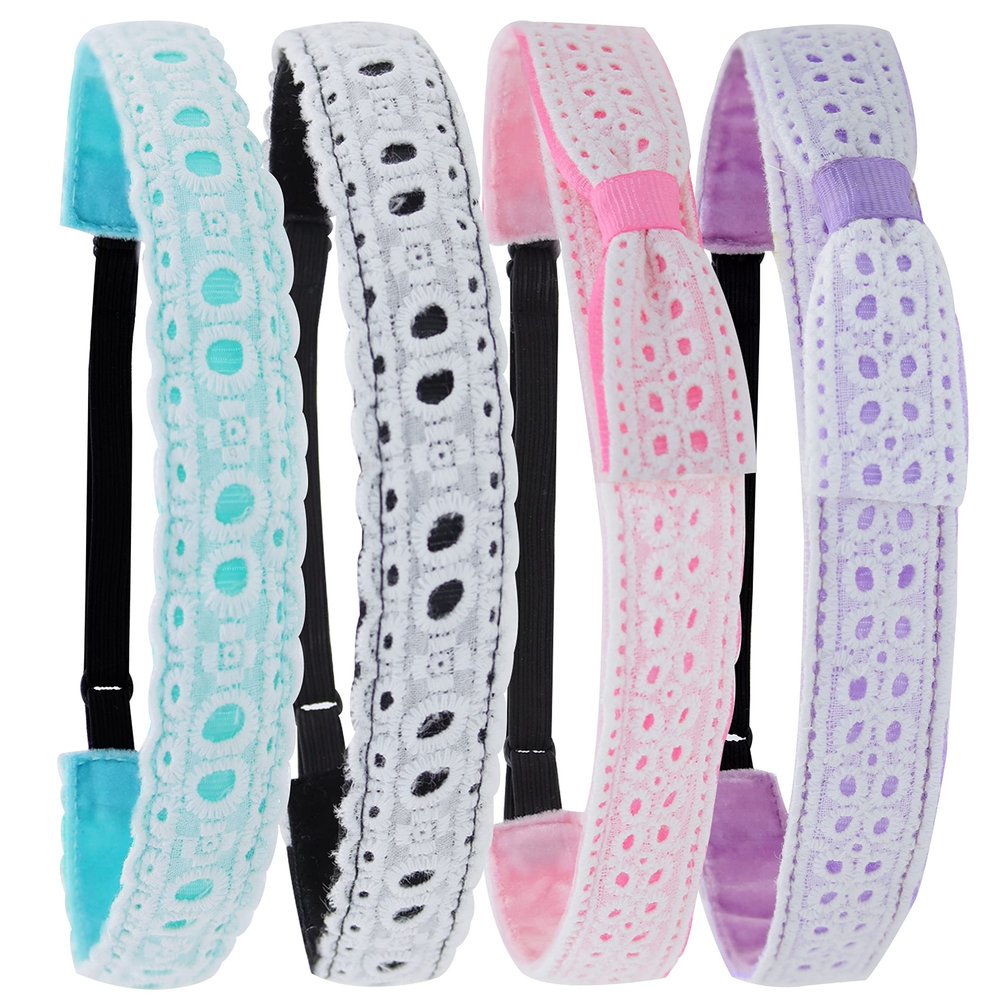 FROG SAC Non Slip Lace Headbands for Girls, Adjustable Lacy Eyelet Head Bands for Kids, Cute Noslip Headband Pack for Toddlers, No Slip Girl Toddler Hair Accessories