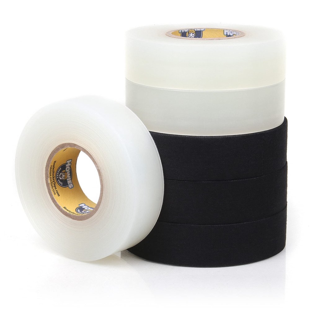 Howies Hockey Tape | 6-Pack Combos of Cloth Stick Tape (White/Black) & Shin Pad Tape (Clear) | Pro Grip & Durability | Made in USA (3 Black / 3 Clear)
