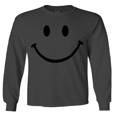 0357. Cute Graphic Happy Funny Smile Smiling Smiley face Positive Smiley Men's Long Sleeve t Shirt (Characol, 2X Large) Charcoal