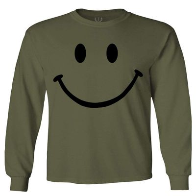 0357. Cute Graphic Happy Funny Smile Smiling Smiley face Positive Smiley Men's Long Sleeve t Shirt (Olive, Small)