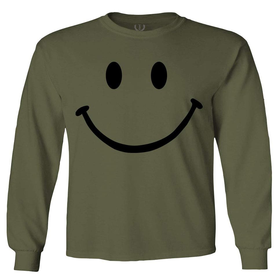0357. Cute Graphic Happy Funny Smile Smiling Smiley face Positive Smiley Men's Long Sleeve t Shirt (Olive, Small)