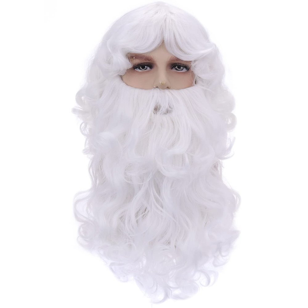 BERON Mens White Wigs Long Curly Hair With Mustache Heat Resistant Synthetic Halloween Cosplay Costume Party Daily Wigs