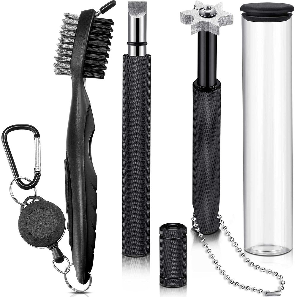 Skylety 3 Pieces Golf Club Groove Sharpener Retractable Brush and 6-Head Groove Sharpener Re-Grooving Tool and Cleaner for All Golf Irons Pitching, Sand, Lob, Approach Wedges, Utility Clubs(Black)