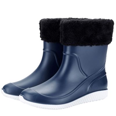 ANUFER Men's Mid-Calf Snow Rain Boots Outdoor Waterproof Gardening Farm Boots with Removable Fluff Lining Blue 2 SN01622 US7