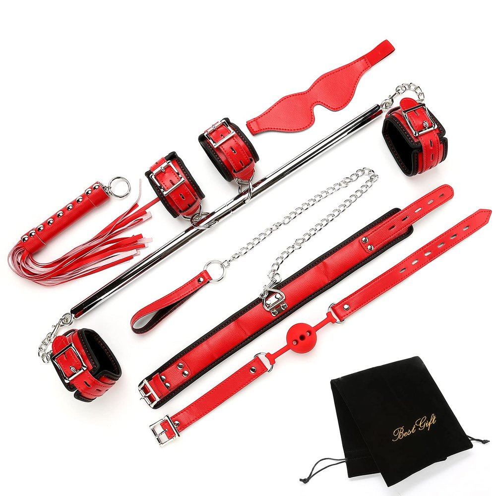 EXREIZST Expandable Spreader Bar with Bag and Premium Soft Pad Leather Straps System Set Adjustable Home Yoga Bar Set, Silver and Red