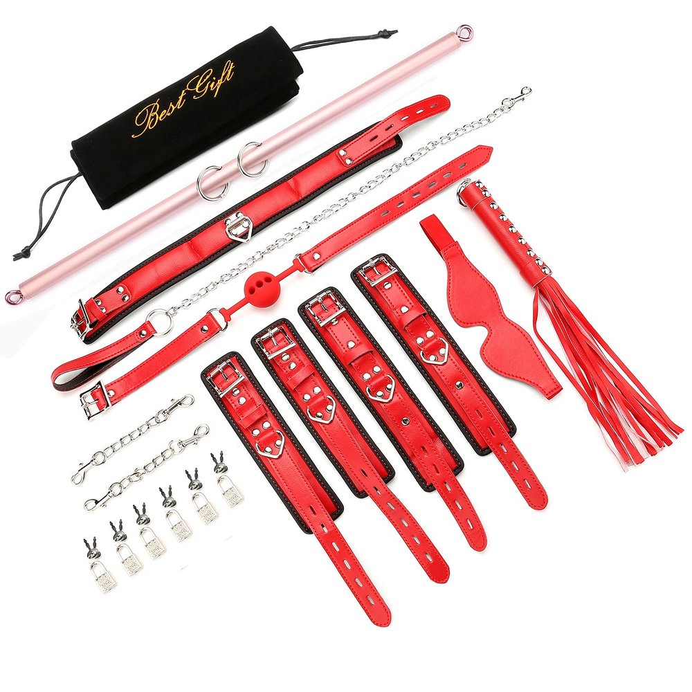 EXREIZST Adjustable Spreader Bar with Premium Soft Pad Leather Straps System Set Expandable Fitness Sports Exercise Training Tool Kit, Rose Gold and Red