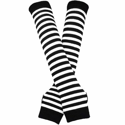 Mesyo Goth Gloves Fingerless Long Arm Warmer Knit Thumbhole Stretchy Gloves Black White, One Size