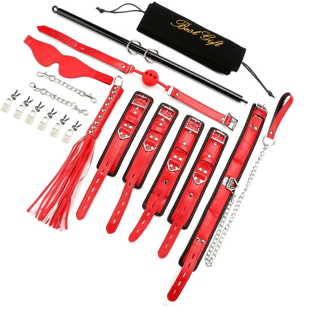EXREIZST Expandable Spreader Bar Set and Premium Soft Pad Leather Straps System Set Adjustable Training Tools Sports Set with Storage Bag, Black and Red