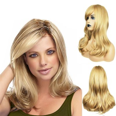 Andongnywell Golden Lace Front Ladies Heat Resistant Synthetic Hair Wig for Women Wig with Side Bangs (Golden,One Size,)