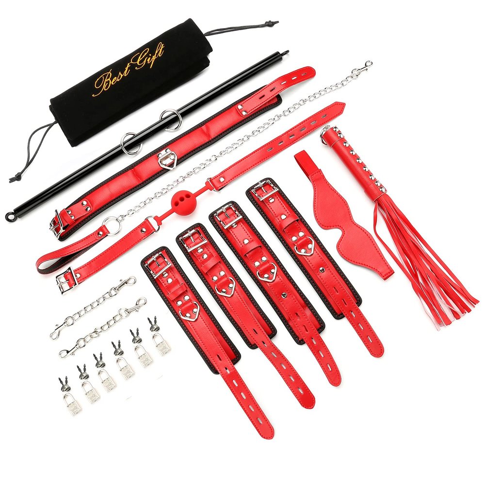 EXREIZST Adjustable Spreader Bar with Premium Soft Pad Leather Straps System Set Expandable Fitness Sports Exercise Training Tool Kit, Red