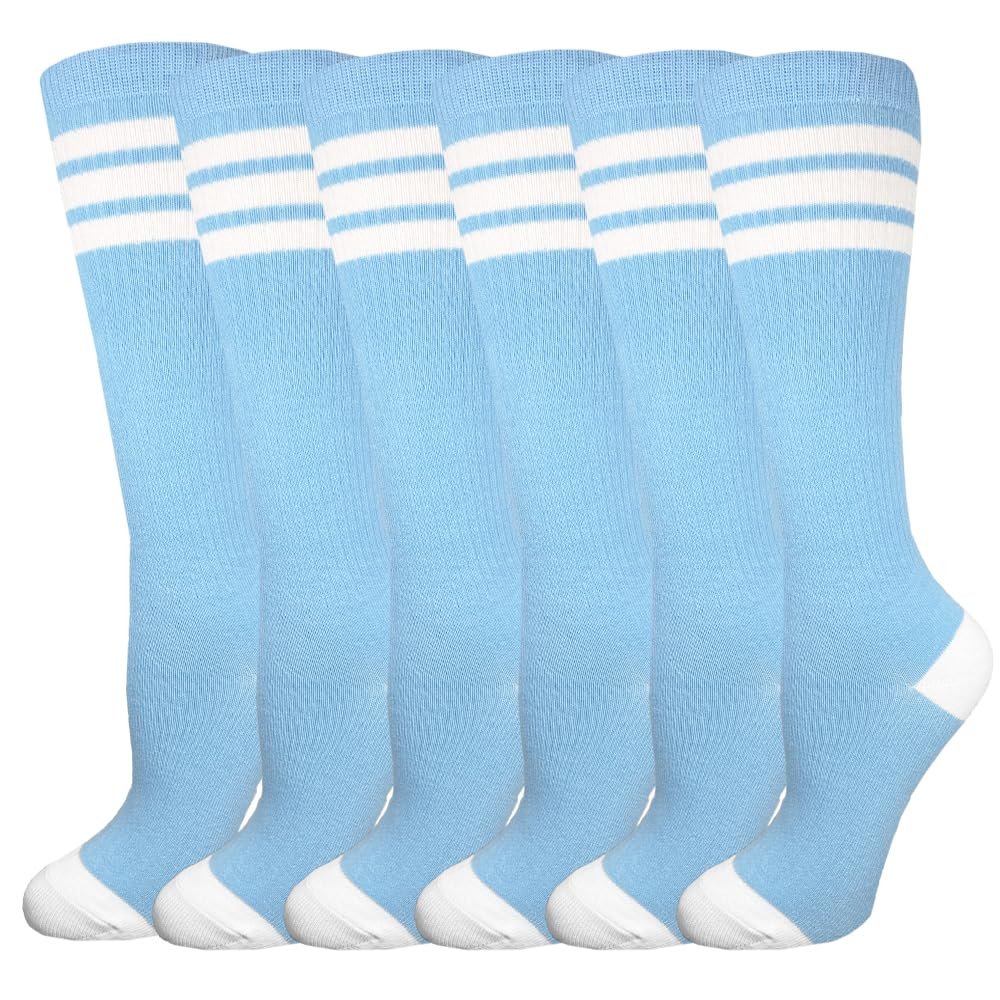 3 Pairs of juDanzy Knee High Boys or Girls Stripe Tube Socks for Soccer, Basketball, Uniform and Everyday Wear (6-10 Years, Columbia With White Stripes (3 Pairs))