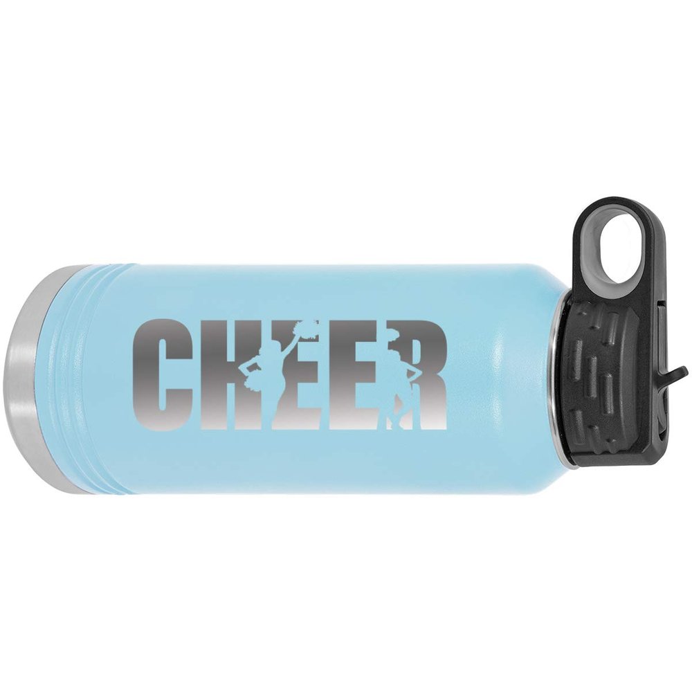 CustomGiftsNow Cheer - Cheerleading 32-Ounce Engraved Double-Wall Insulated Stainless Steel Sports Water Bottles with Flip Top Lid, Straw (Light Blue)